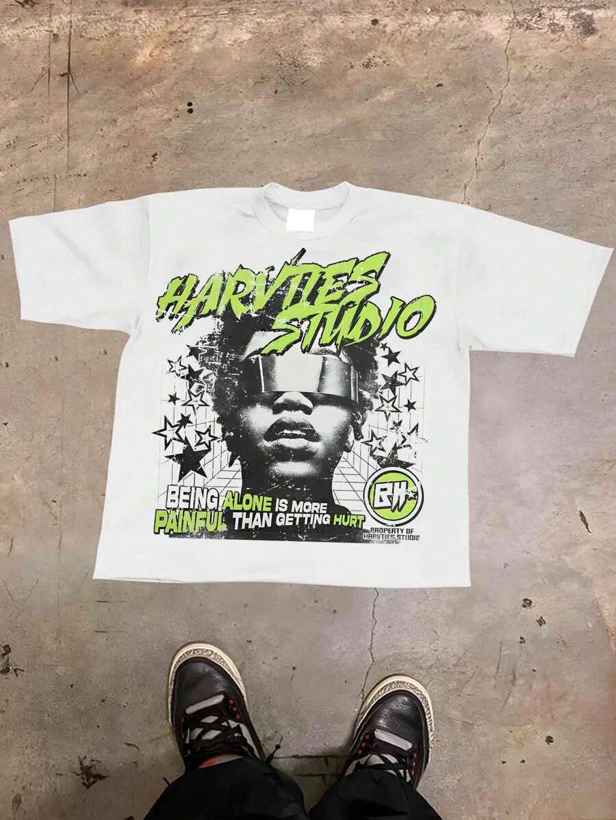 (180 Pure Cotton T-Shirt)    Y2k  Style   Pattern Men's Casual Soft 100% Cotton All-Match Crew-Neck Short-Sleeved T-Shirt - 白色 - 查看 1