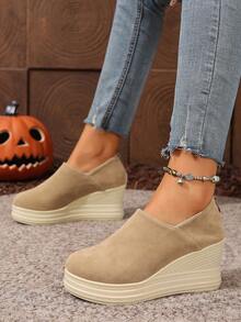 Sapatos retrô de plataforma com sola grossa em corda de linho, casuais, elegantes, com zíper traseiro, estilo slip-on, versáteis e modernos. - Caqui - Ver 7