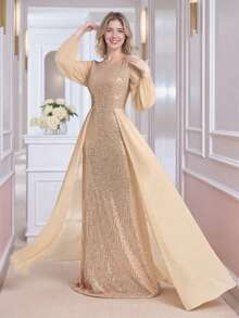 Suknia wieczorowa z cekinami, patchworkowa, zapinana na zamek błyskawiczny, modna elegancka sukienka damska z długim rękawem, odpowiednia na imprezy, koncerty, oficjalne stroje dla gości weselnych