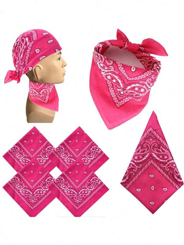 5pcs Fuchsia Paisley Print Bandana, Western Cowboy Headwrap Set, Unisex Outdoor Riding Face Mask Scarf, Versatile Paisley Square Scarf