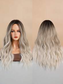 24 Inch Long Wavy Silver To Grey Ombre Wig For Women Heat Resistant Fiber Middle Part Hairpiece With Dark Roots,Natural Synthetic Full Machine Hair Wigs For Daily Music Festival Party Wear, Cosplay Halloween & Street Photography Use - 漸變灰色 - 查看 6