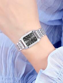 1 pieza Reloj de cuarzo de moda para mujer con esfera cuadrada simple y escala, caja chapada en oro de alta calidad, correa de acero inoxidable, adecuado como regalo de cumpleaños, aniversario o Día de la Madre - Plateado - Ver 16