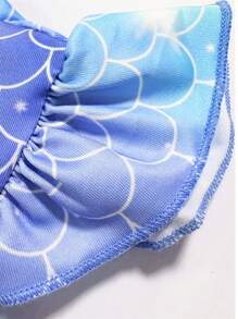 迷人年轻女孩夏装 - 紫色飘袖，美人鱼鳞片印花和亮片细节，涤纶网眼裙，及膝，可机洗，美人鱼裙