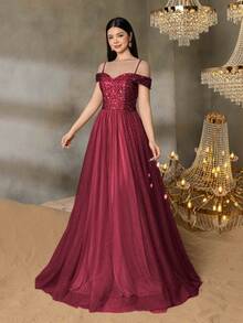 ALISA&LEO Teen Girls' Sequin A-Line Evening Gown - Off-Shoulder Sweetheart Neckline, Sheer Tulle Skirt & Fitted Sequin Bodice For Graduation Proms, Wedding Guest Outfits, Formal Dinners & Luxury Galas