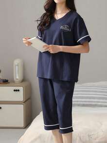 2pcs Women's Short Sleeve Top & Pants Pajama Set, Soft & Comfortable Sleepwear, Two Pieces Set Outfit - Navy Blue - View 4