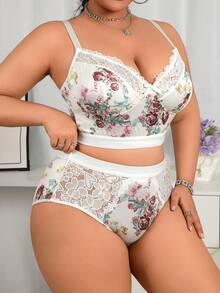Conjunto de sujetador inalámbrico con estampado floral blanco para mujer, sujetador sexy y cómodo de talla grande - Multicolor - Ver 7