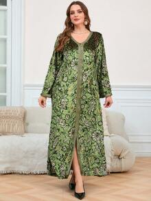 Top, Vestido de mujer 2025, Vestido de mujer talla grande, Vestido elegante de uso diario, Falda suelta de manga larga con cuello en V de estilo nacional hermoso - Verde - Ver 1