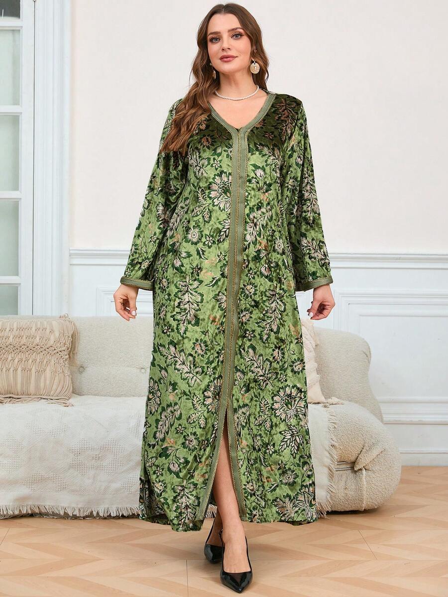 Top, Vestido de mujer 2025, Vestido de mujer talla grande, Vestido elegante de uso diario, Falda suelta de manga larga con cuello en V de estilo nacional hermoso - Verde - Ver 1