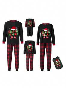 Christmas Family Pajamas Matching Set Letter Santa Hat Print Long Sleeve Tops And Plaid Pants Sleepwear - Black - View 2