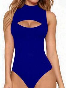 Women's Bodysuit With High Neck And Cutouts, Ideal For Summer Use - 寶藍色 - 查看 1