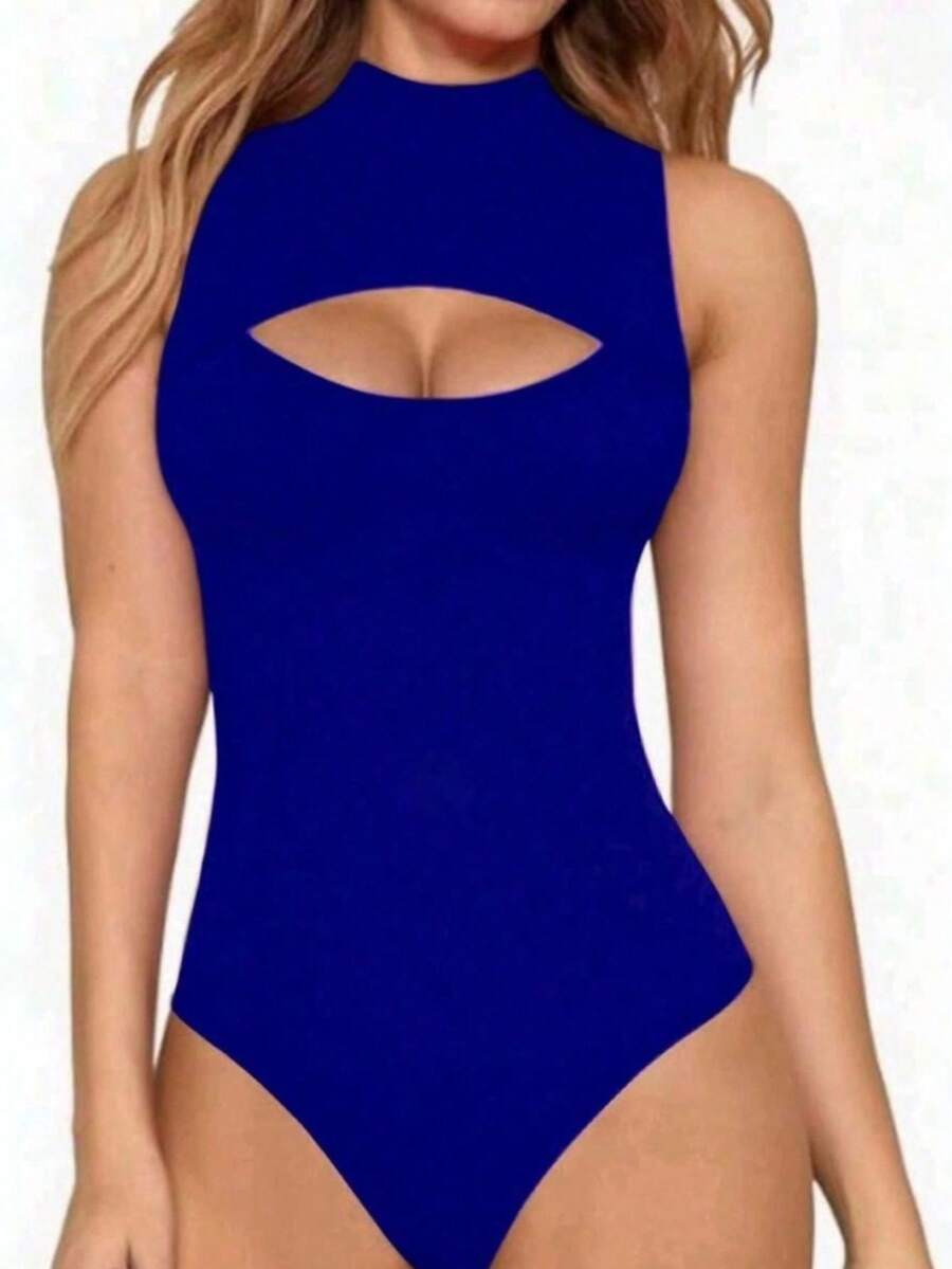 Women's Bodysuit With High Neck And Cutouts, Ideal For Summer Use - 寶藍色 - 查看 1