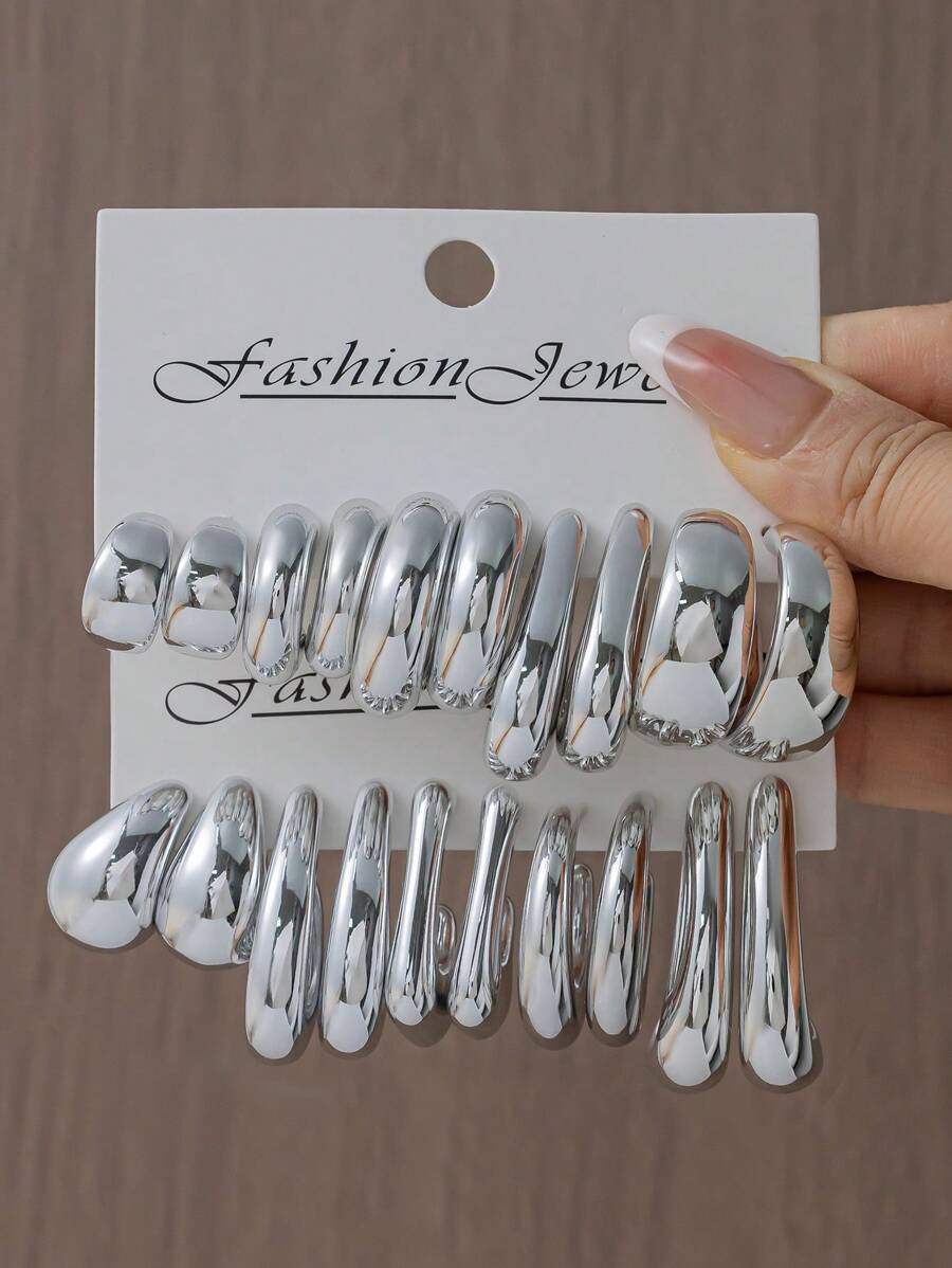 1/5/10 Pairs Women's Thick Silver Chain Twisted Open Hoop Earrings Set, Unique Geometric Shape Stud Earrings, Bohemian Vintage C-Shape Silver Earrings, Jewelry Party Fashion Accessories