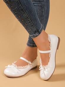 Elegant Women's Bow Decor Lace Trim Flat Ballet Flats, Suitable For Spring/Autumn Outdoor Travel, Party, Music Festival, White Cute Princess Shoes For Christmas Performance - White - View 5