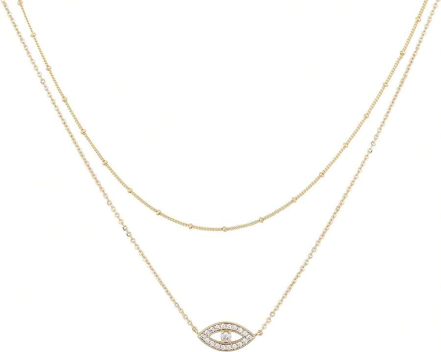 MEVECCO Layered Heart Necklace Pendant Handmade 18k Gold Plated Dainty Gold Choker Arrow Bar Layering Long Necklace For Women - 層邪惡之眼 - 查看 1