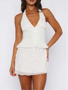 Skirt Sets Women 2 Piece Outfits Summer Sleeveless Dot Print Halter Crop Top And Mini Skirt Concert Rave Travel Outfit - 白色 - 查看 1