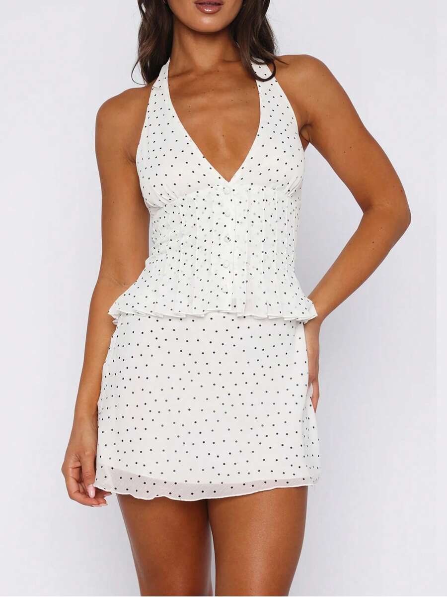 Skirt Sets Women 2 Piece Outfits Summer Sleeveless Dot Print Halter Crop Top And Mini Skirt Concert Rave Travel Outfit - 白色 - 查看 1