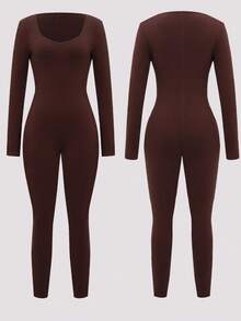 VIVINA Women's Autumn/Winter Casual Versatile Minimalist Solid Color Elegant Deep V-Neck Slim Fit Elastic Fleece-Like Outdoor Long Sleeve Jumpsuit, Chocolate Brown Slim Fit Fleece-Like Long Sleeve Jumpsuit - Brown - View 8