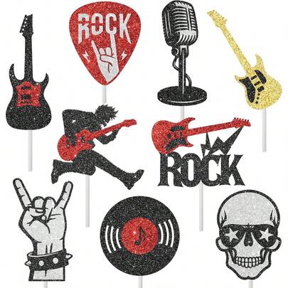 9/18Pcs Rock And Roll Party Cupcake Toppers Rock Music Cupcake Topper Rockstar Birthday Cake Picks Rock Guitar Party Decorations For Muscial Theme BabyShower Birthday Supplies