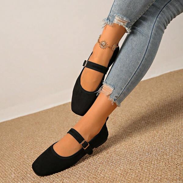 2025 Autumn Plus Size Square Toe Mary Jane Flats, Suede One-Strap Slip-On Loafers, Comfortable & Versatile Women Casual Shoes