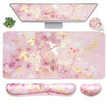 Large Keyboard Mouse Pad Set, Extended Mouse Pad+Keyboard Wrist Rest Support, Memory Foam Ergonomic Easy Typing, 4Pcs (35.4*15.9 In) Desk Pad Set For Home Office Study Game - Colorful-671326 - 粉金大理石-2 - 查看 1