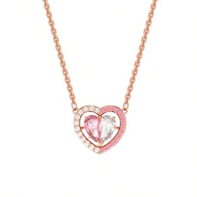  SWAROVSKI GEMA Romantic Pink Heart Necklace, Clavicle Chain Necklace For Women, Christmas Gift, Valentine's Day Gift, Qixi Festival Gift, Birthday Gift For Girlfriend, Back To School Gift For Kids