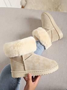 女士风格雪地靴，纯色毛领装饰，保暖内衬，短筒，保暖雪地靴，时尚平底，毛绒内衬，冬靴，黑色，卡其色，防滑，舒适雪地靴 - 卡其色 - 查看 1