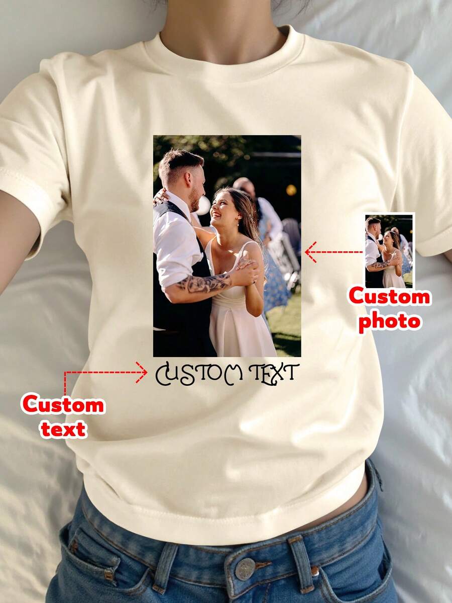 Customized Photo Shirt, Customized Photo T-Shirt, Your Photo Shirt, Anniversary Photo Gift, Make Your Own Shirt, Customized Wedding Shirt, Customized Couple Shirt, Engagement Proposal Couple Shirt, Customized Wedding Anniversary T-Shirt, Customized Wedding Party T-Shirt, Customized Women's T-Shirt - Add Your Own Text And Images (Couple Photo/Girlfriend Photo/Family Photo/Selfie/Pet Photo/Friend Photo/Party Photo) To Design Your Own Personalized T-Shirt - Apricot - View 1