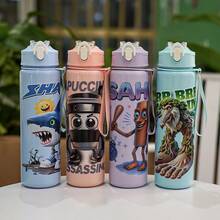 1pc 750ML/26oz Stylish Cartoon Shan Hai Jing Theme Plastic Cup With Straw, Portable Leak-Proof, With Straw & Handle Strap, Multiple Options, Suitable For Outdoor Camping, Play, Cycling And Sports