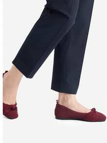 Women Bowknot Ballet Flats Shoes Comfortable Knitwear Slip On For Working Walking And Casual Wearing - 酒紅色 - 查看 2