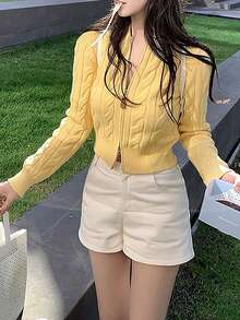 韩版甜美复古双拉链麻花针织开衫 - 黃色 - 查看 4