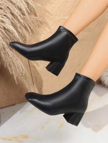Square Toe Short Ankle Boots For Women, Autumn, Chunky Heel, Fashion Versatile, Soft Leather, Elastic Ankle Boots, High Heel - Black - View 5