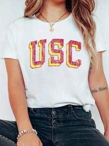 100% Cotton USC Retro Arch-Shirt Print Casual Crew Neck Short Sleeve Comfort Tee Top Spring &Amp;   Summer WOMEN'S Clothing Summer Tops White Top Graphic Tees Women Art-Shirt Women - White - View 1