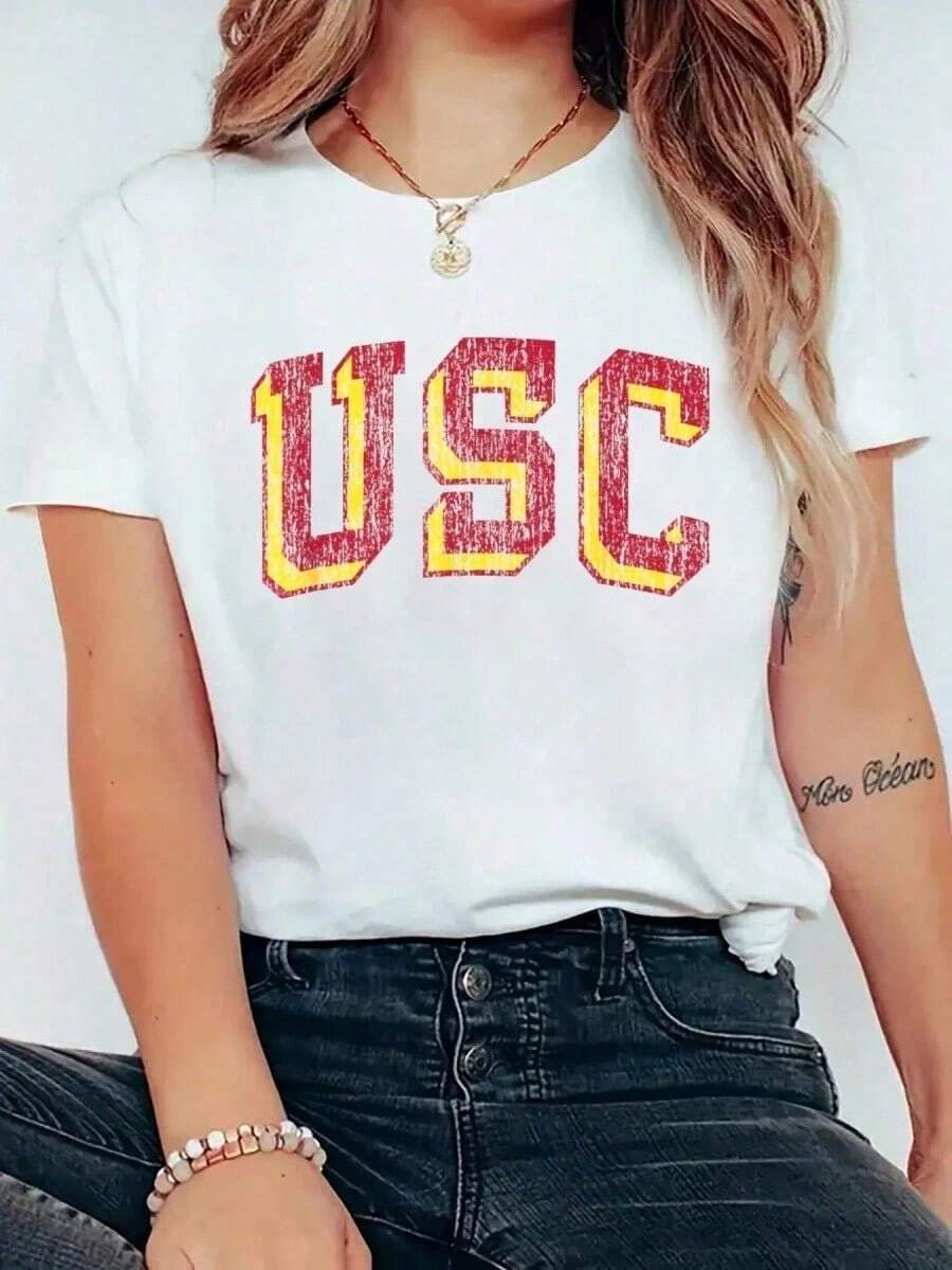 100% Cotton USC Retro Arch-Shirt Print Casual Crew Neck Short Sleeve Comfort Tee Top Spring &Amp;   Summer WOMEN'S Clothing Summer Tops White Top Graphic Tees Women Art-Shirt Women - White - View 1