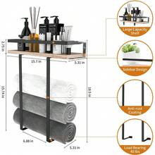 Bathroom Wall Mounted Storage Rack | Bathroom Towel Organizer Shelf | Floating Wall Shelf Wooden Tray | Bath & Beauty Products Storage | Installed By Expansion Screws | For Towel/Shampoo/Shower Gel/Toothbrush Cup Storage Bathroom Accessories - Black - View 5