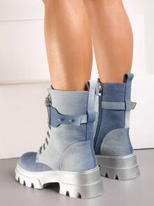 Botas plataforma casuais femininas com cadarços brilhantes