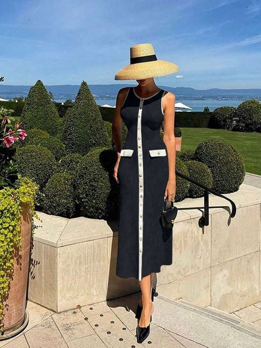女士优雅金属扣装饰紧身针织中长连衣裙，时尚百搭，适合通勤、春夏
