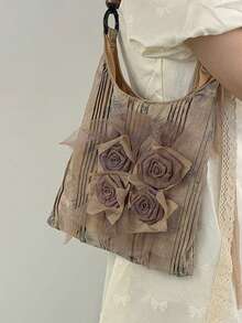 Bolsa de ombro plissada estilo chinês vintage com flor de rosa Batik e axilas, bolsa de ombro grande para passeios diários - Damasco - Ver 2