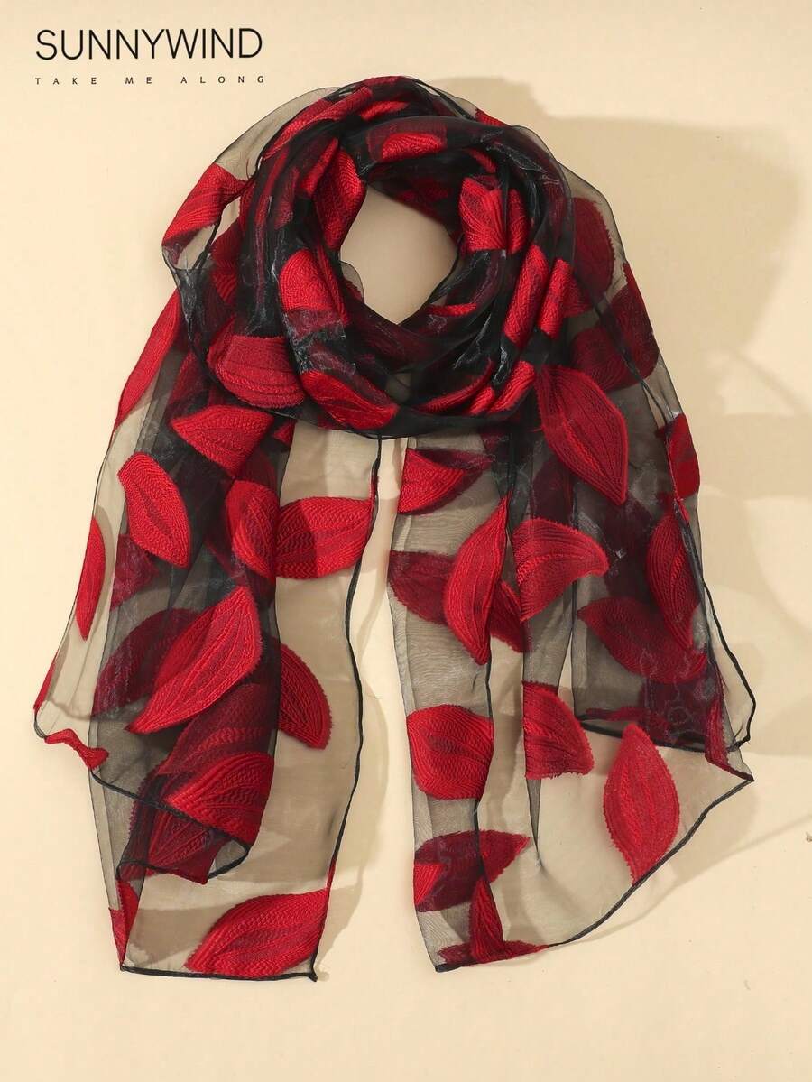 1 件女士镂空叶图案优雅围巾，适合日常使用