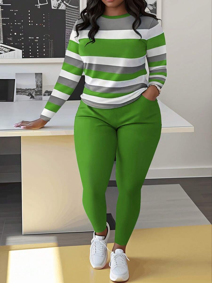 Plus Size Striped Long Sleeve Top And Solid Color Pants Set - Casual Polyester Blend With Pocket Detail, Medium Stretch Fabric, Round Neck Women'S Plus Size Outfit - màu xanh lá - Xem 1