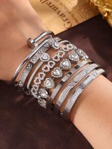 1 件时尚银色不锈钢心形手链套装，铜人造氧化锆心形手链和合金玻璃心形手链首饰套装，适合女性日常佩戴，夏季珠宝，防水海滩度假配饰 - 銀色 - 查看 1