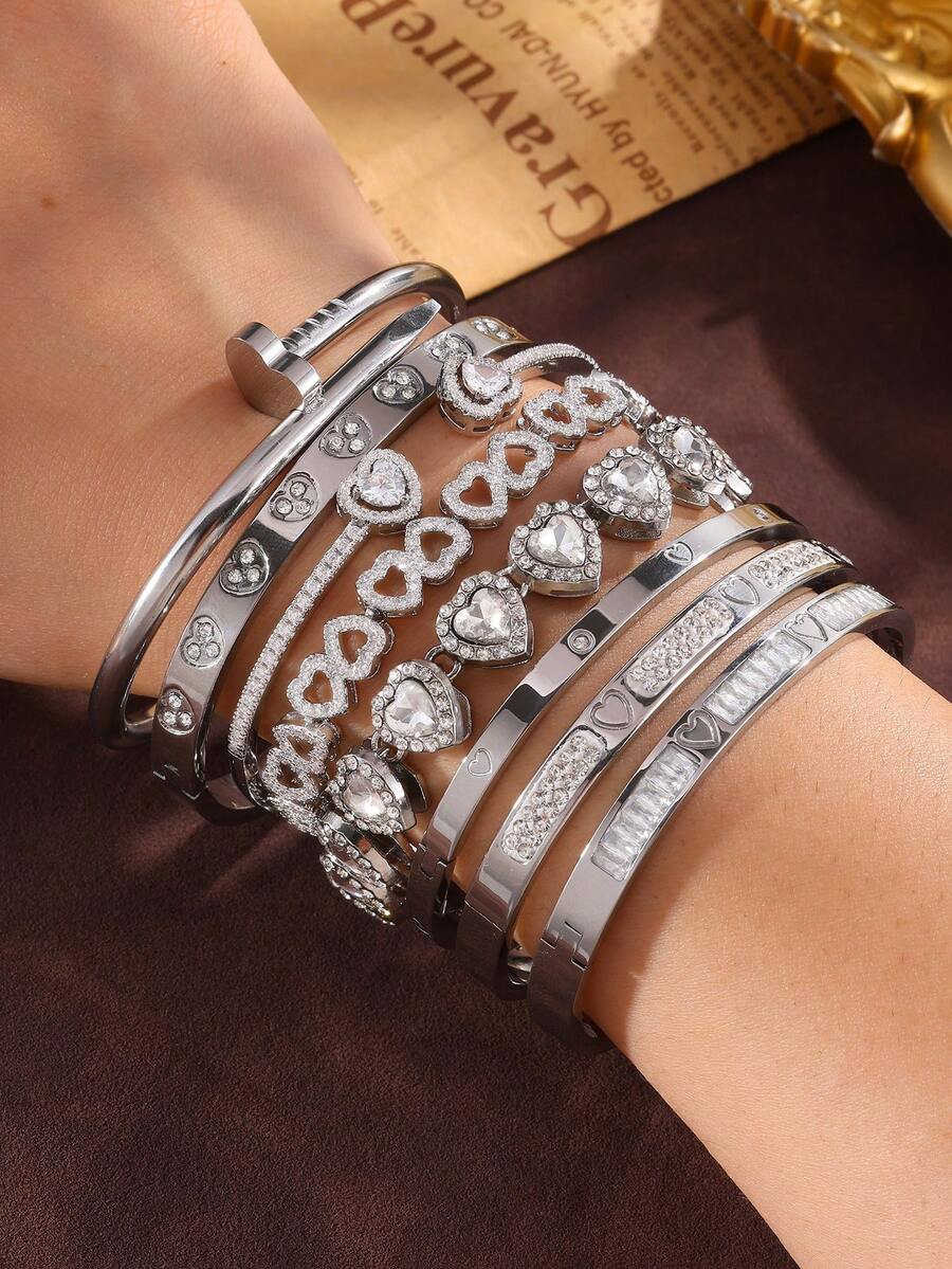 1 件时尚银色不锈钢心形手链套装，铜人造氧化锆心形手链和合金玻璃心形手链首饰套装，适合女性日常佩戴，夏季珠宝，防水海滩度假配饰 - 銀色 - 查看 1