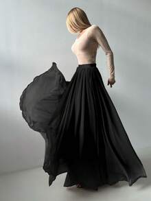 Falda maxi elegante de mujer de gasa de malla sólida negra con pliegues, ideal para festivales de música, fiestas, uso diario de chicas jóvenes, sesiones de fotos en la playa y vacaciones, atuendo casual de oficina para primavera/verano - Negro - Ver 9