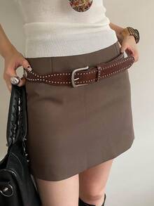 1 chiếc thắt lưng da PU màu cà phê dành cho nữ, thiết kế tối giản với họa tiết gợn sóng và trang trí đinh tán - Cà phê - Xem 3