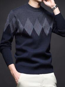 男士厚圆领毛衣，商务休闲提花针织长袖上衣，百搭叠穿单品，格子条纹图案，秋冬