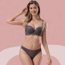 Z&D Lingerie Set With Underwire Cup And Lace Thong Panties 6735 - 棕色 - 查看 1