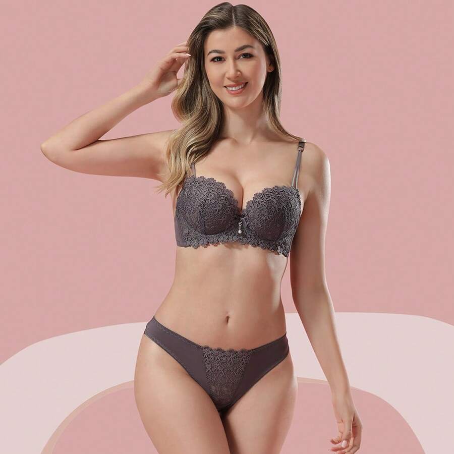 Z&D Lingerie Set With Underwire Cup And Lace Thong Panties 6735 - 棕色 - 查看 1