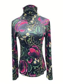 2024 Spring/Autumn Floral Print Long Sleeve Women's T-Shirt, Slim Fit Layering Turtleneck Top - Multicolor - View 4