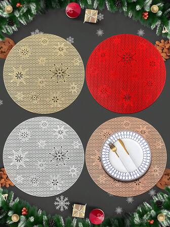 1/4/6 件圣诞雪花 PVC 金箔餐垫，圣诞酒店餐厅装饰隔热防滑桌垫，适用于婚礼派对、情人节、节日庆典、野餐、生日宴会餐桌装饰