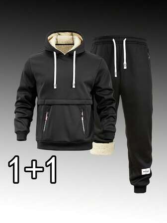 2pcs Men's Thermal Lined Casual Sports Suit, Autumn/Winter, Men's Thick Hoodie And Sweatpants Set With Pockets And Zippers, Suitable For Outdoor Wear And Sports, Holiday Gift