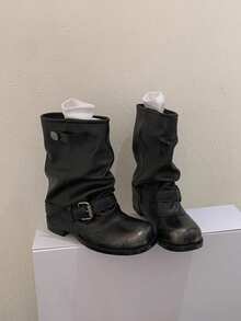 2025 新款西部风格中筒粗跟女靴，褶皱叠层鞋跟，圆头，复古英伦骑士靴，黑色